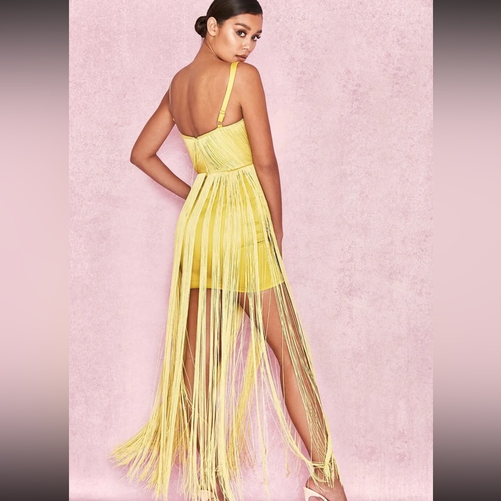 HOUSE OF CB 'Emee' Acid Yellow Satin Fringe Dress - Picture 3 of 17
